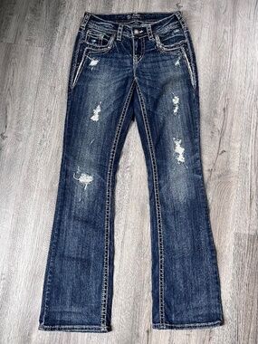 Silver Jeans Women's Boot Cut Distressed Dark Blue Denim